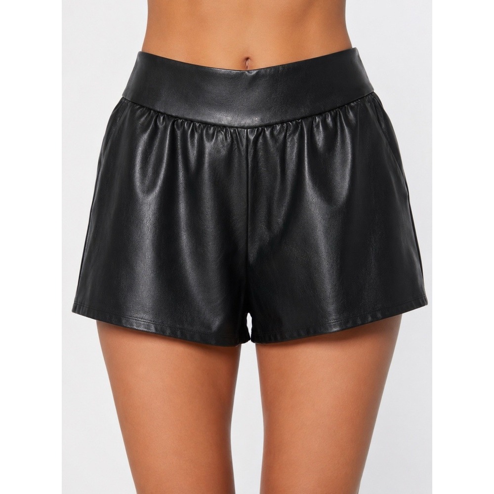 Commnd XS Black Faux Leather Shorts High Rise Pleated Vegan Pockets